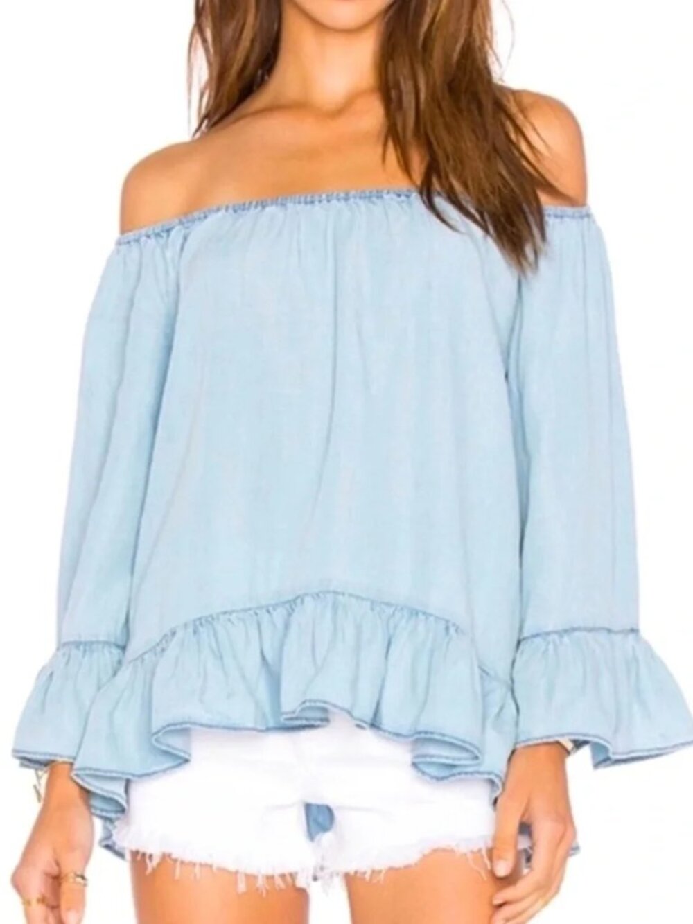 Sanctuary Sun Bleached Off-Shoulder Ruffle Chambray Top
